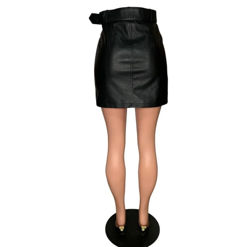 Forever 21 Black Faux Leather Mini Skirt Asymmetrical Zipper Belted Waist Size S